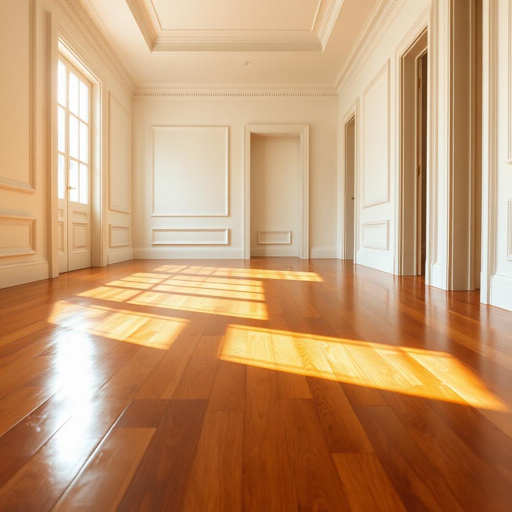 Polished hardwood hallway with clean baseboards