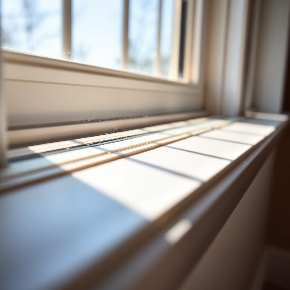 Dust-free window track and sill with clear glass